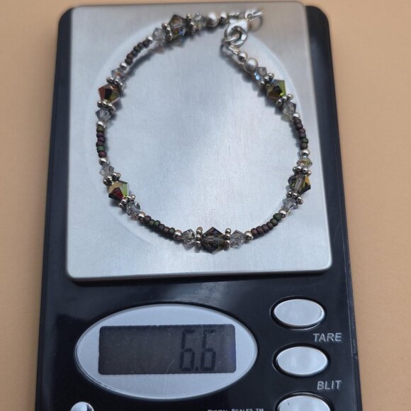 8 Inch Sterling Silver Crystals And Tiny Genuine Pearls Bracelet B742 - Picture 5 of 5